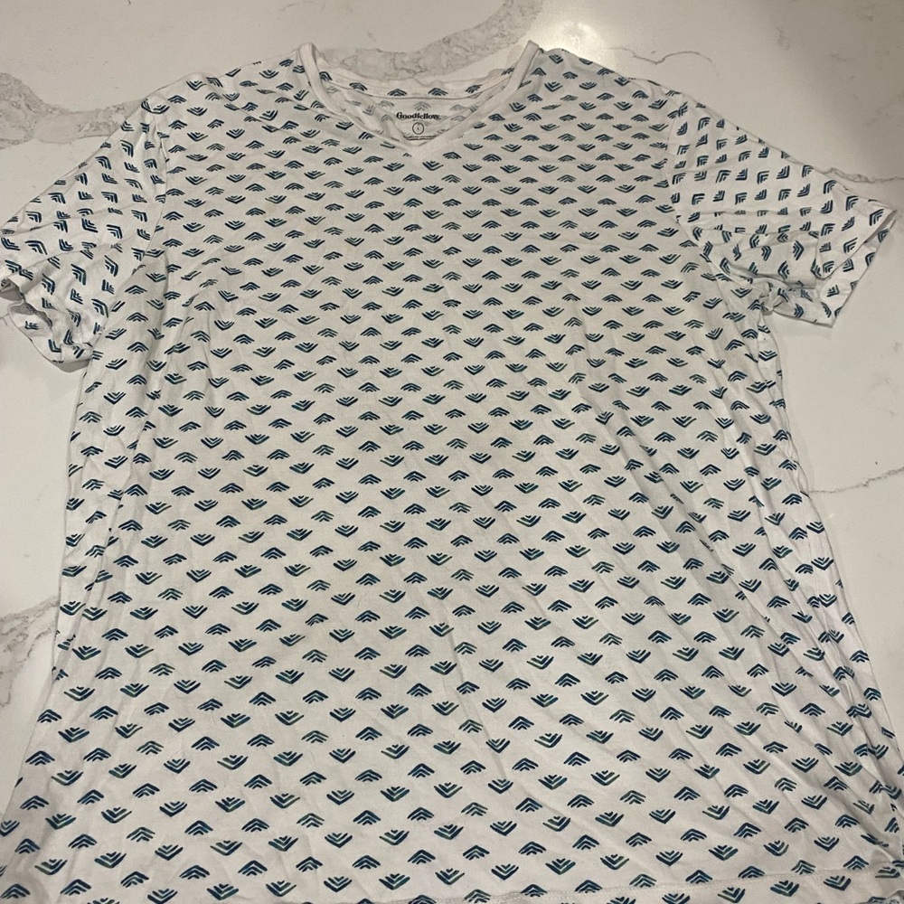 Goodfellow & Co White Tee with Blue and Green Patterns